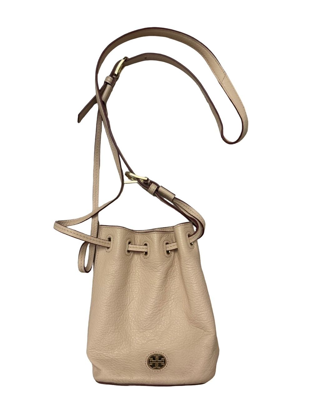 Tory Burch Beige Pebbled Leather Drawstring Bucket Bag mini